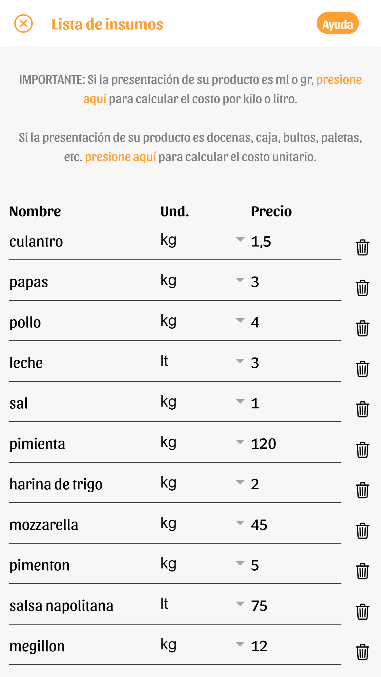Asistente virtual mostrando ingredientes